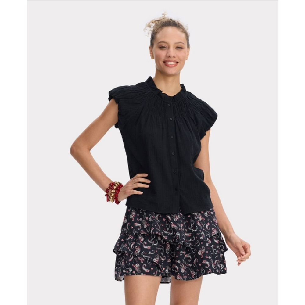 Women's Smocked Puff Short Sleeve Button-Front Blouse -Universal Thread Black XS